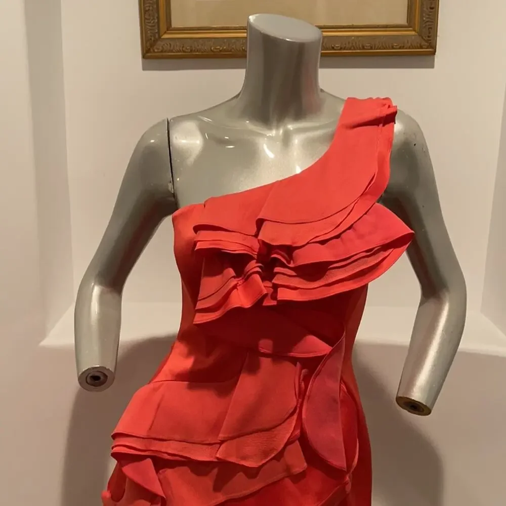Bcbgmaxazria “ Jonesy” Coral One Shoulder Mini Ruffled Dress Size 4 BNWOT